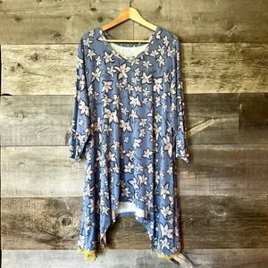 LOGO Lori Goldstein Floral Asymmetrical Hem‎ Tunic Top 3X Blue Flowy Cottagecore
